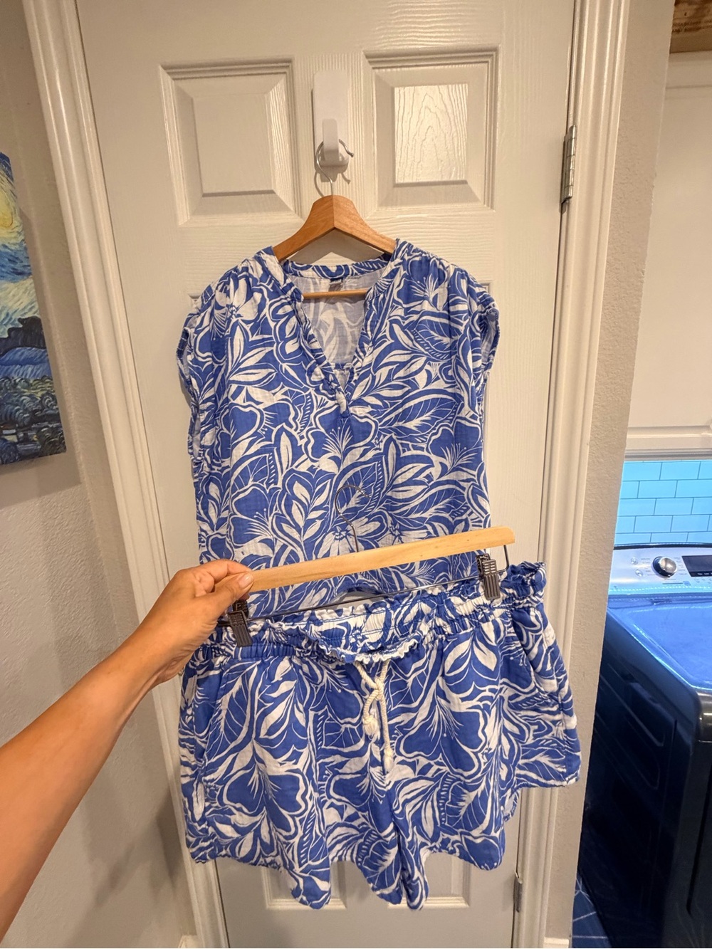 Old Navy Blue Floral V-Neck Guaze Cotton Top and Shorts Set